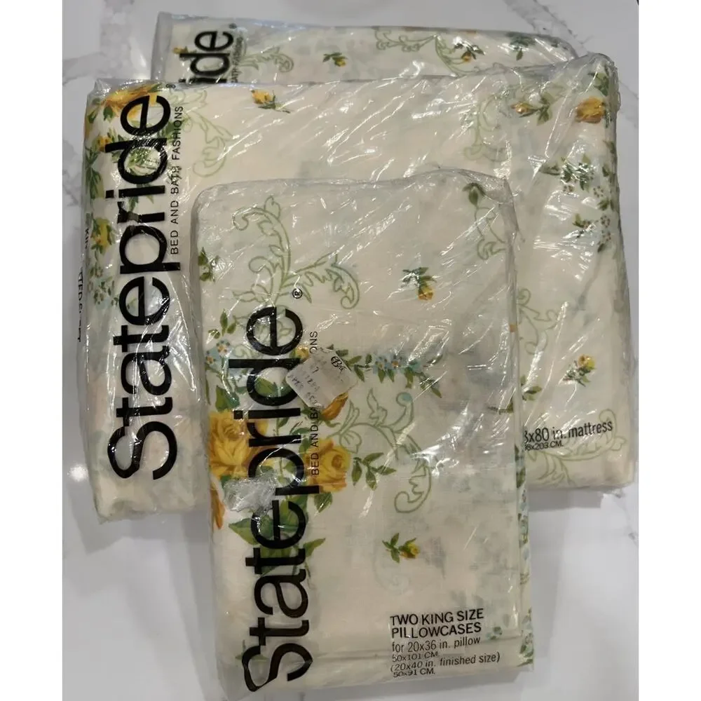 Vtg 1980s NOS Statepride Carmen Gold Floral Complete King Sheet Set Floral USA